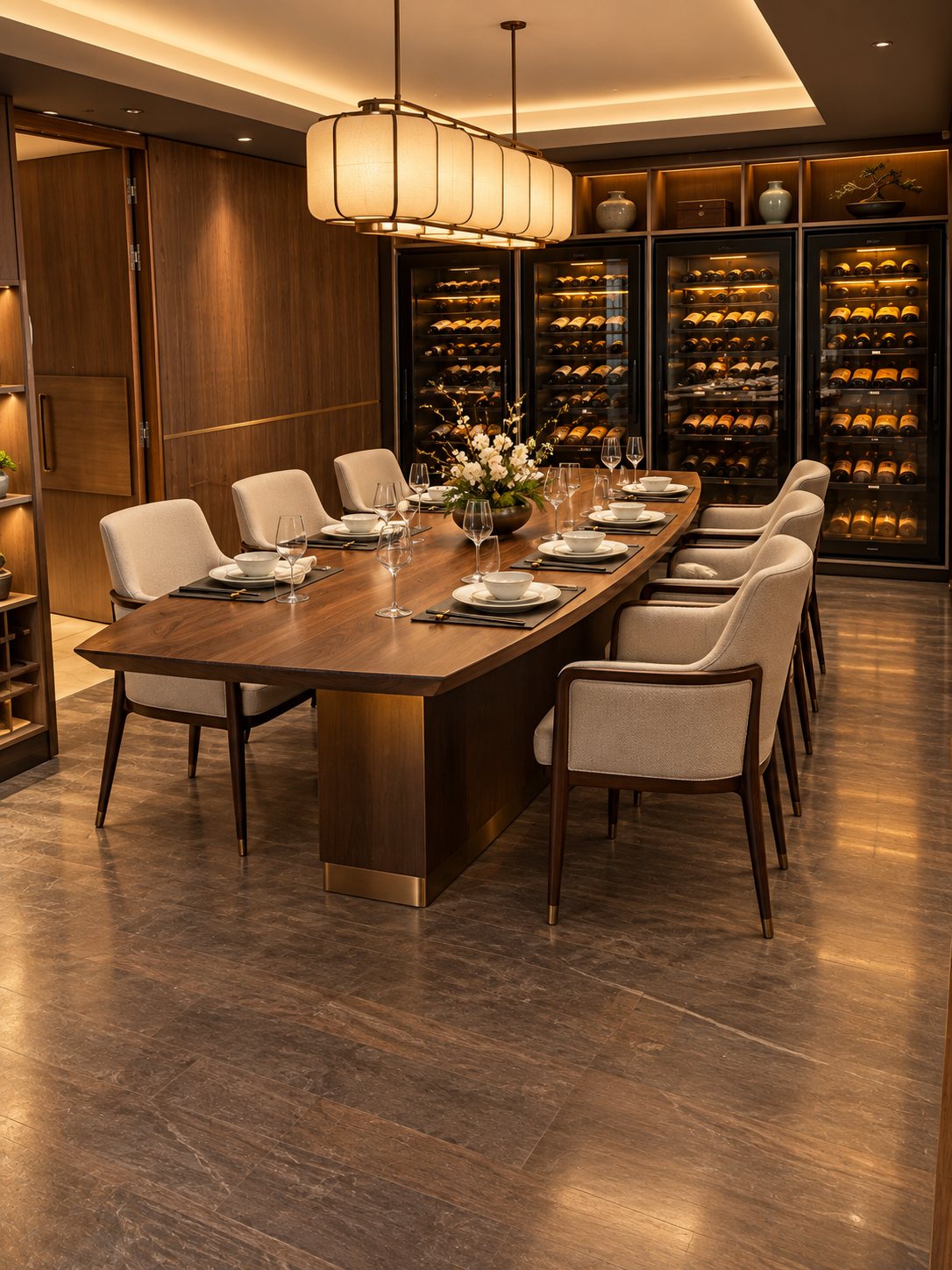 Mù dining room with dark woodwork and illustrated panels