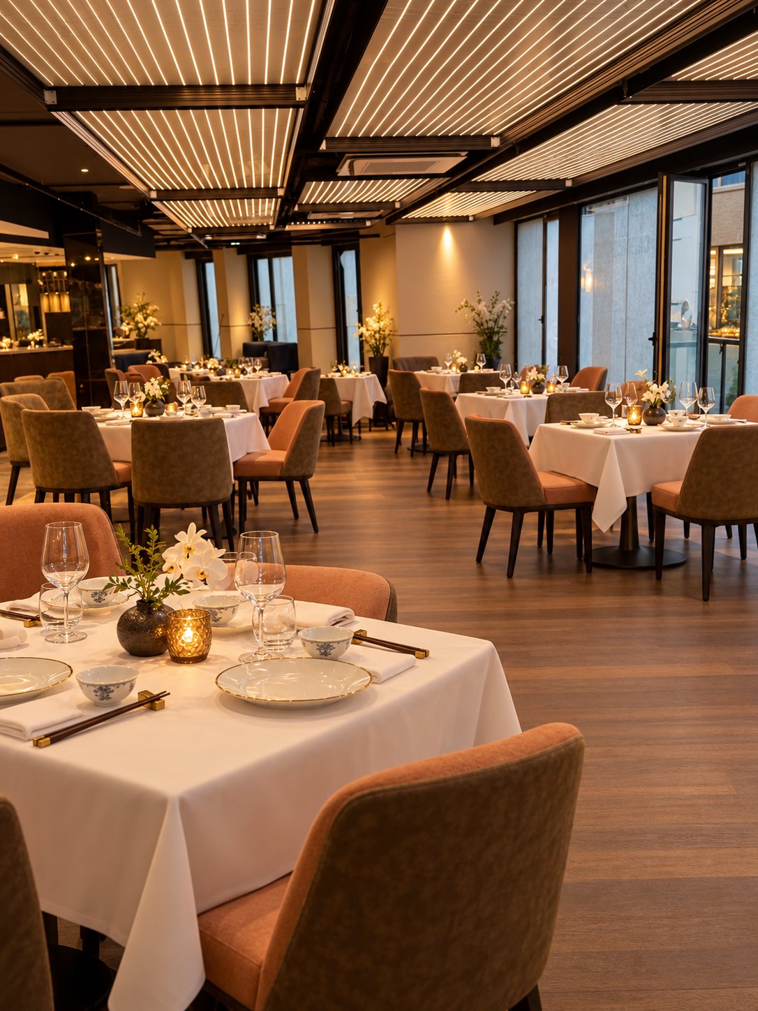 Evening dining room with round tables and warm light