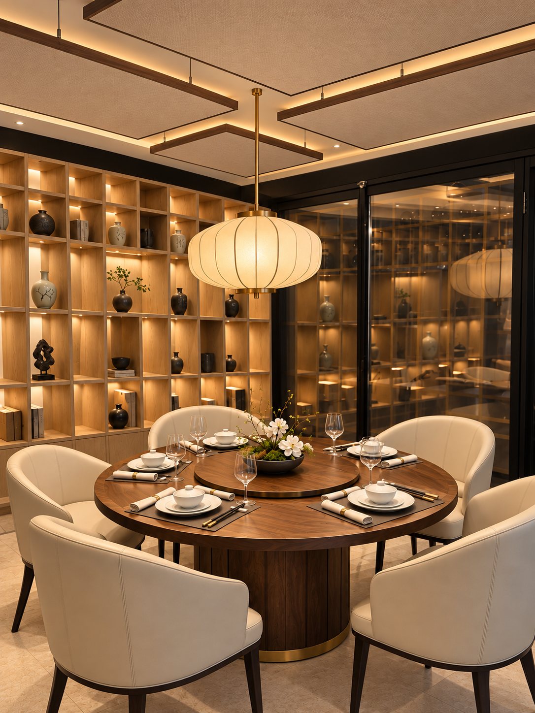 Private dining room with a large round table set for a celebration