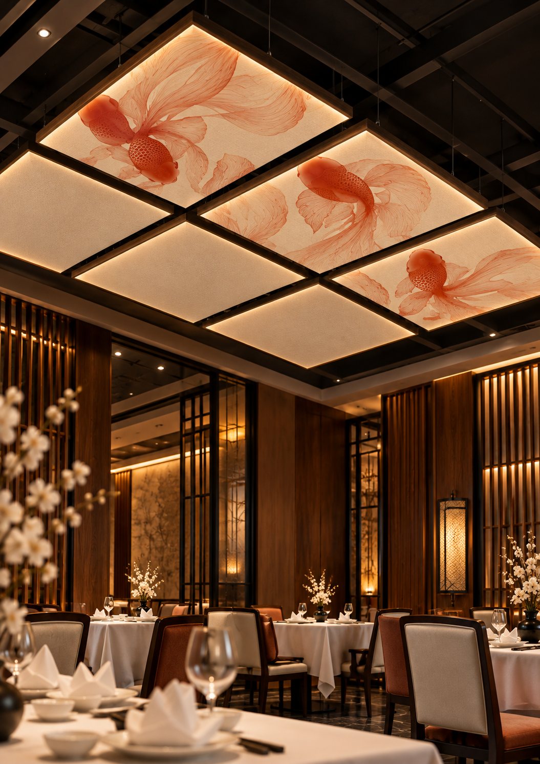 Bright dining room with elegant round tables set for lunch