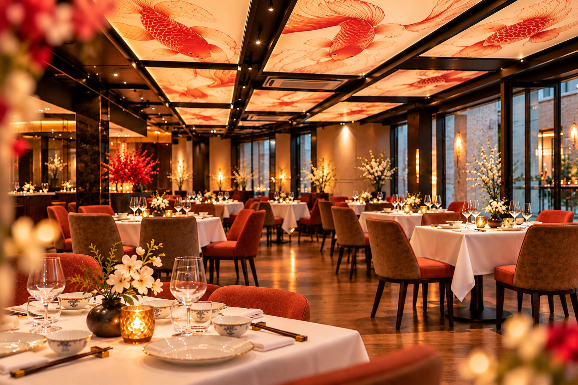Salle du restaurant chinois Mù à Genève, tables dressées sous un plafond lumineux de carpes rouges Salle du restaurant chinois Mù à Genève, tables dressées sous un plafond lumineux de carpes rouges